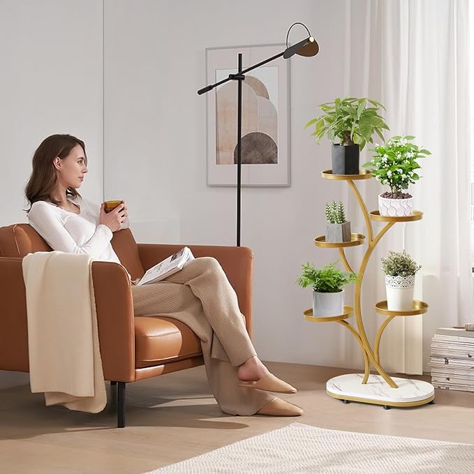 Golden 5 Tier Wood Metal Tall Shelf Multiple Plant Holders Plant Stand for Indoor, Outdoor, Corner, Living Room, Balcony, and Bedroom