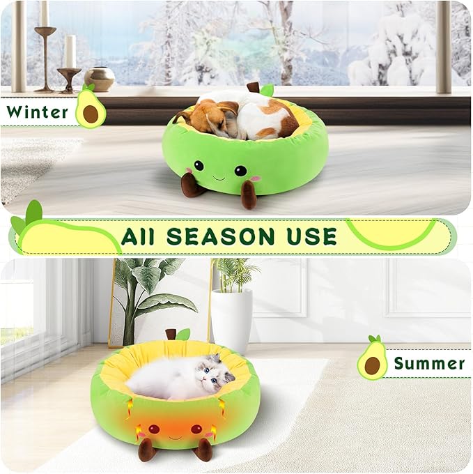 Avocado Heated Cat Bed - Cute Round Dog Bed for Winter, Warming Pet Bed for Indoor Cats & Small Dogs, Washable Calming Nest with Heating Pad & Timer, Green Pet Heating Pad for Cats and Dogs