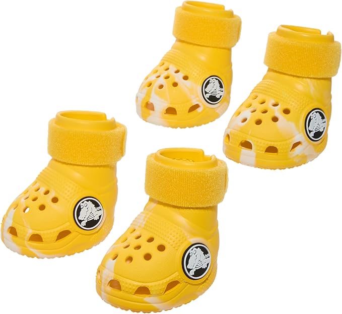 BarkBox Yellow Crocs Dog Shoes – Set of 4 Glow-in-The-Dark Dog Booties with EVA Foam, Adjustable Strap & Non-Slip Sole – Comfortable Paw Protection for Small Breeds (15–25 lbs)