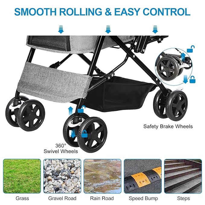 Dog Stroller for Large Medium Dogs & Cats with Reversible Handle, Foldable Pet Stroller Travel Carriage with Large Storage Basket, Gray