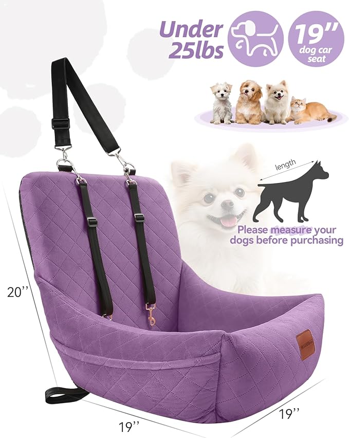 Dog Car Seat,Pet Booste Bed with Seatbelt,Washable Dog Car Travel Bed Easy to Assemble, Clip-On Safety Leash and Storage Pocket (Purple)
