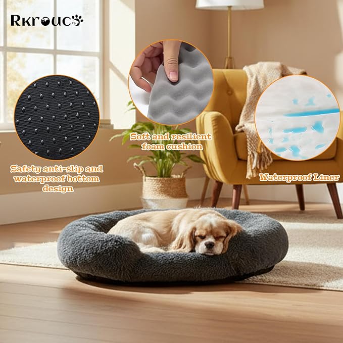 Fluffy Dog Bed Calming Donut Beds for Large Dogs Warming Round Small Medium Pet Nest Cozy Cat Mattress Indoor Washable Puppy Kennel Kittens Sleep Mat (XS, 20×20 inch, Dark Gray)