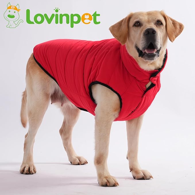 LovinPet Reversible Dog Puffer Coat for Medium & Large Dogs, Down‑Insulated Winter Jacket, Water‑Resistant & Wind‑Resistant, Anti‑Static, Dual-Sided Black & Red for Cold Weather,XL