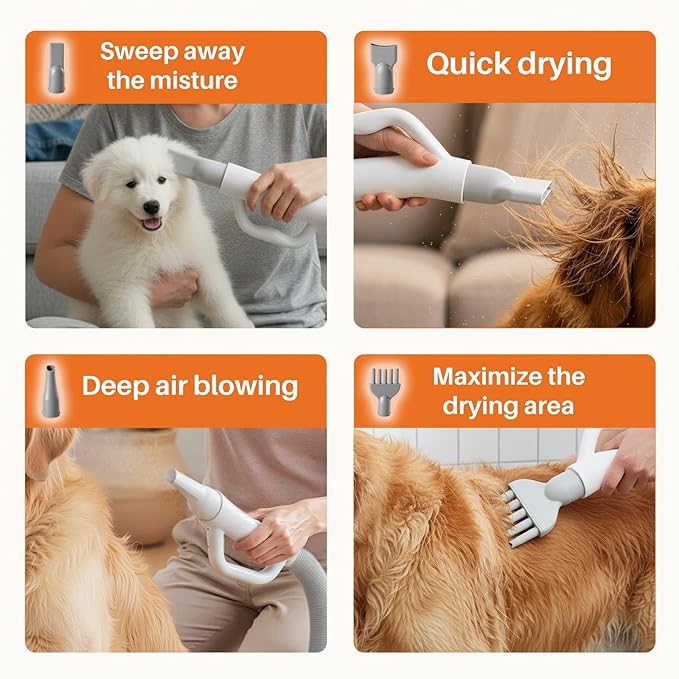 NEWBULIG Dog Hair Dryer, 1550W High Velocity Pet Blow Dryer with Heater for Grooming, Speed Temperature Adjustable Dog Blower Grooming Dryer with 4 Nozzles