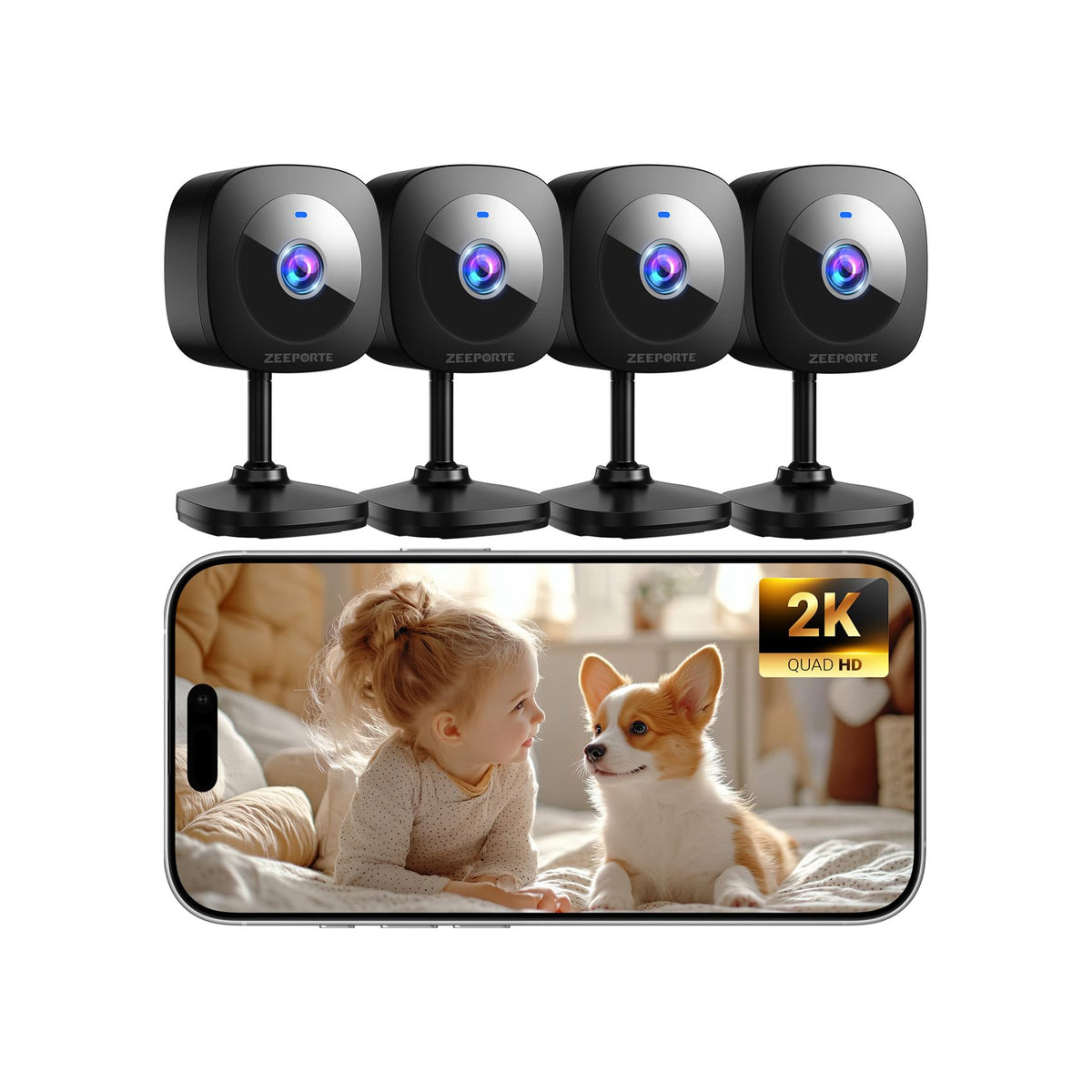 ZEEPORTE 2K Indoor Cameras for Home Security - Baby Monitor and Dog Pet Camera with Motion Detection, 2-Way Audio, Night Vision, Siren, Wired Security Camera (4-Pack)