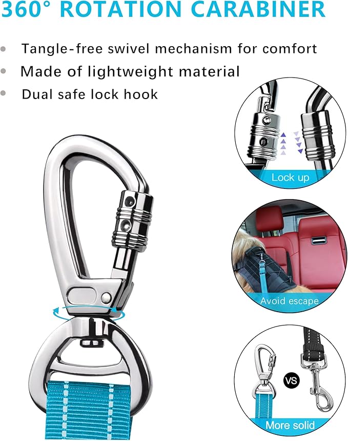 AUBELL Dog Seat Belt for Car,2 Pack Set 3-in-1 Adjustable Reflective Bungee Heavy Duty Dog Car Harness Tether with Clip Hook Latch & Buckle,Swivel Zinc Alloy Carabiner,Black+Blue