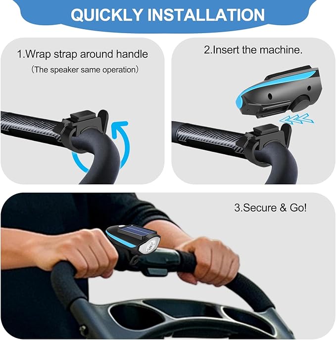 Pet Stroller Light, Solar Powered LED Light for Dog Stroller, Cat Stroller, Wagon – 3 Modes (S/H/F) with Safety Horn, USB Rechargeable, IPX4 Waterproof, Wrap & Hook Strap for Easy Attachment