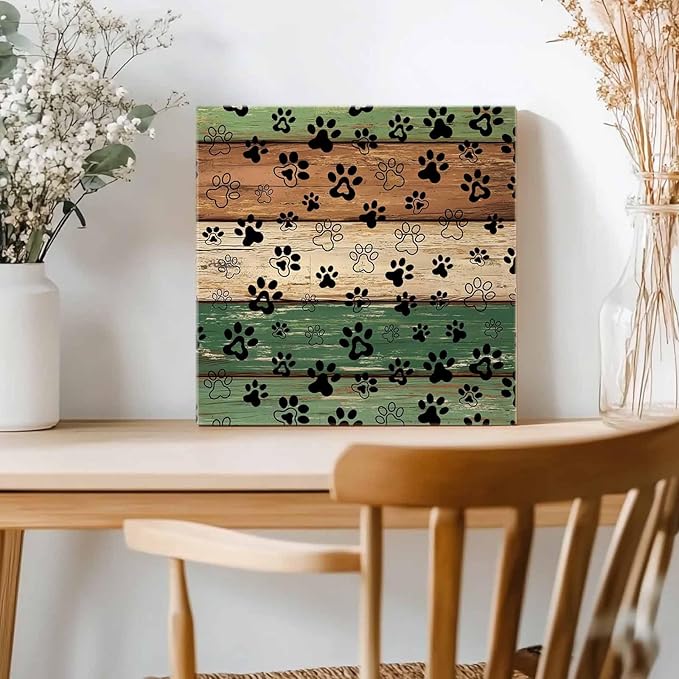 Framed Canvas Wall Art for Living Room Dog Paw Print Wall Decor, Retro Green Brown Wood Grain Aesthetic Paintings for Bedroom Office Kitchen Bathroom, Ready to Hang Artwork Wall Pictures 8x8 Inch