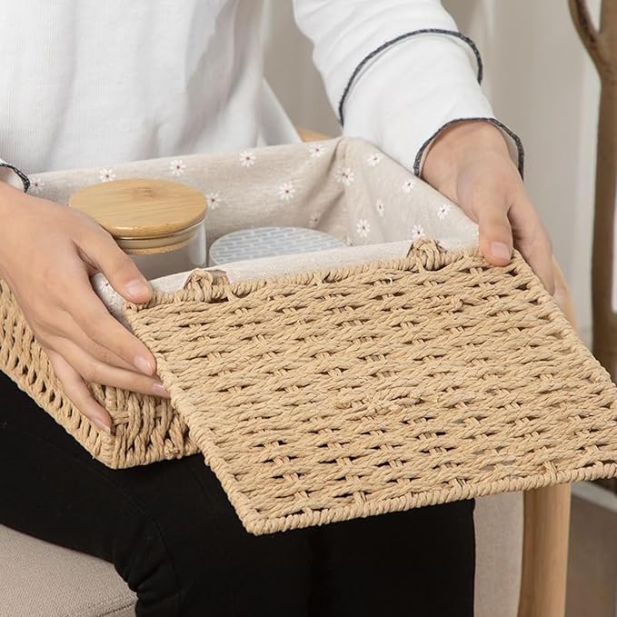 Wicker Shelf Basket with Lid Paper Storage Baskets for Shelves Large Storage Bin with Removable Liner Nesting Decorative Woven Basket for Makeup Closet Organizer (Large, Khaki)