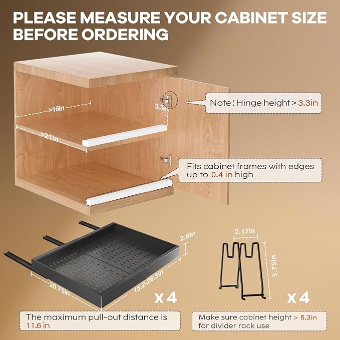 4 Pack Pull out Cabinet Organizer 21" Deep With Raising Pad for Framed Cabinets,Expandable (15.2"-26.3"W) Slide out Drawers for Kitchen Cabinets with 4pcs Divider Racks,Roll out Shelves,Black