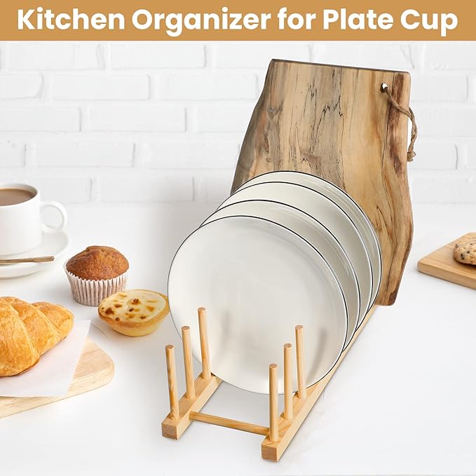 Thenshop 8 Pcs Wooden Plate Rack Organizer for Cabinet, 8 Slots Plate Drying Rack, Dish Organizer Holder, Pot Lid Stand, for Bowl Cup Cutting Board Kitchen Storage