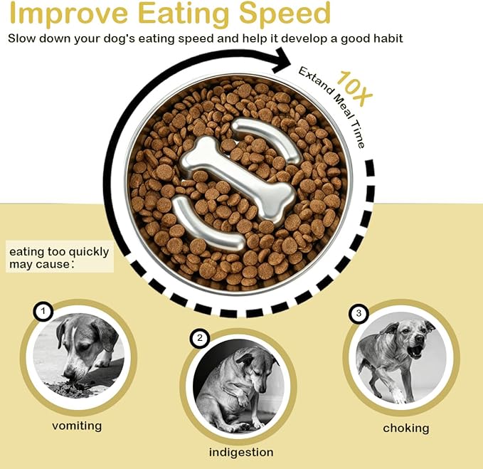 Medium Stainless Steel Slow Feeder Pet Bowls-Non-Slip Stainless Steel Bowl,4-Cup Capacity Slow Feeder to Prevent Indigestion,Dishwasher Safe,Comes with Spatula & Pastry Brush (Bone)