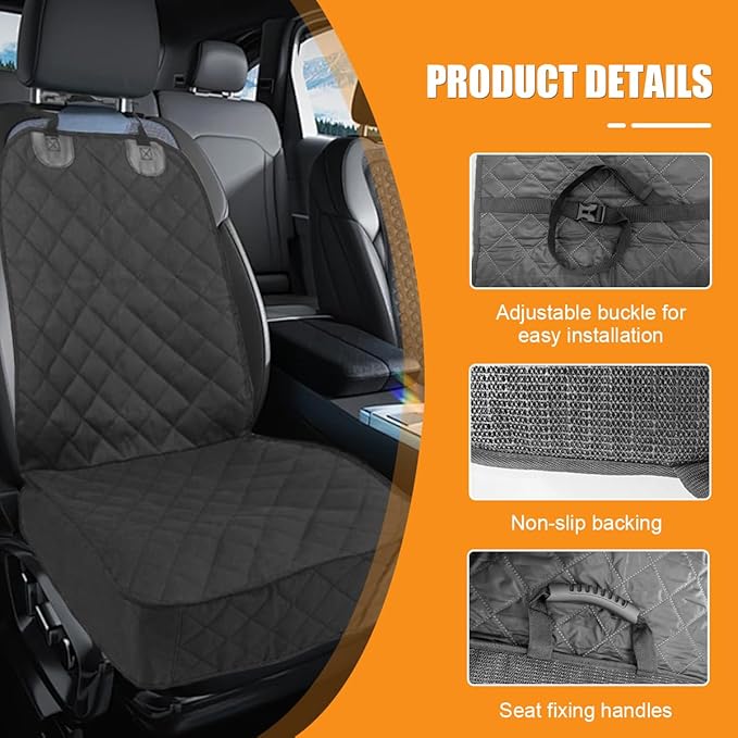 Dog Car Seat Cover, Waterproof & Scratch Proof Car Seat Protector with Side Flaps, Nonslip Front Car Seat Covers with Safety Belt, Universal Dog Mat for Cars, SUVs, Trucks (Black)