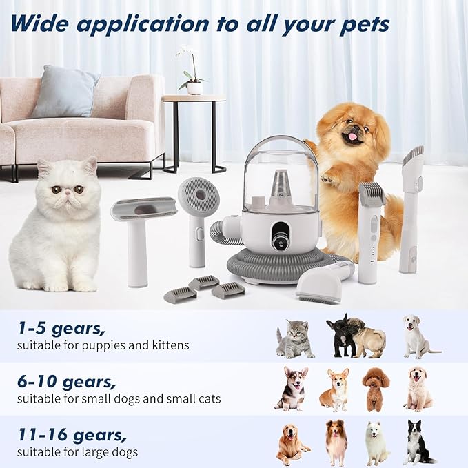 Dog Grooming Kit, Pet Grooming Kit 2L Large Container, Quiet Pet for Shedding, Dog Hair Trimmer for Home and Professional Use, Gray