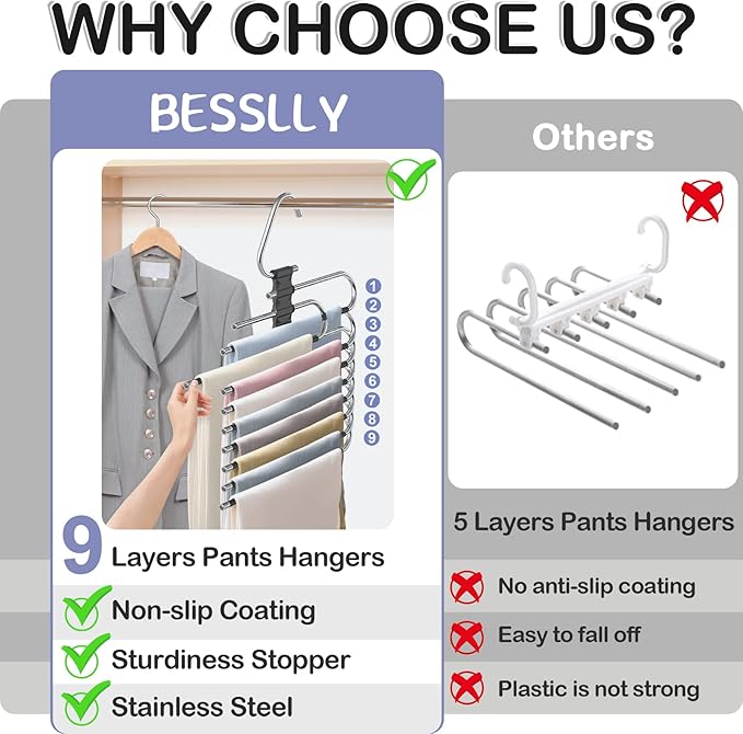 Upgrade 9 Layers Pant Hangers Space Saving, Non Slip Stainless Steel Multifunctional Pants Rack S-Type Clothes Pant Closet Hanger Organizer with Hooks for Pants Jeans Trousers Scarf (4 Pack, Black)