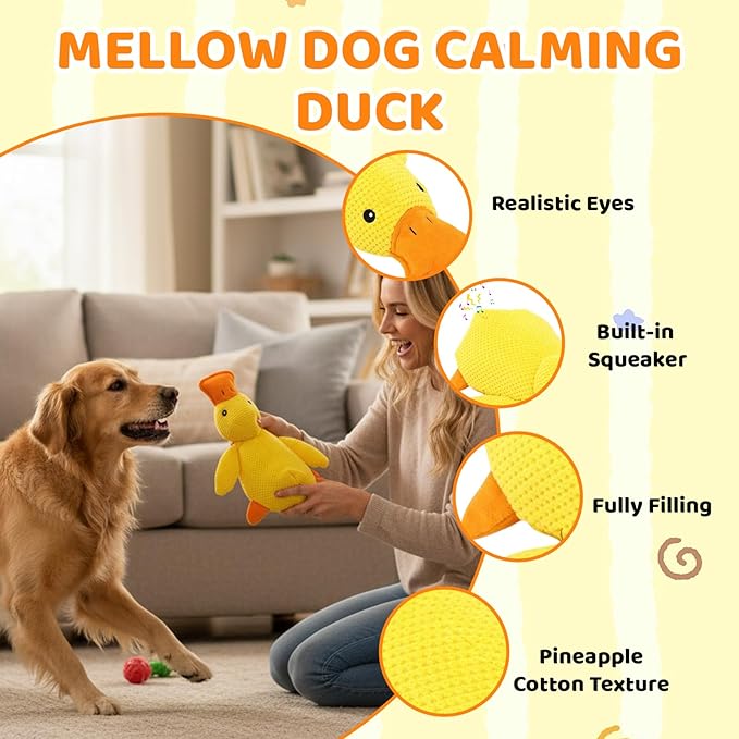 1 PCS Calming Duck Toy for Dogs, The New Mellow Dog Calming Duck, Soft Plush Yellow Duck Dog Toy, Anxiety Relief for Pets, Quacking Sound for Indoor Dogs, 23x20 cm