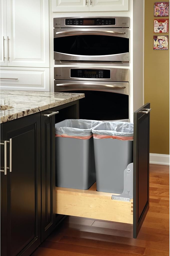 Rev-A-Shelf Double 50-Quart Pullout Under Cabinet Trash Cans with Soft Open & Close Slide System, Metallic Silver, Maple Wood Bottom 4WCBM-2150DM-2