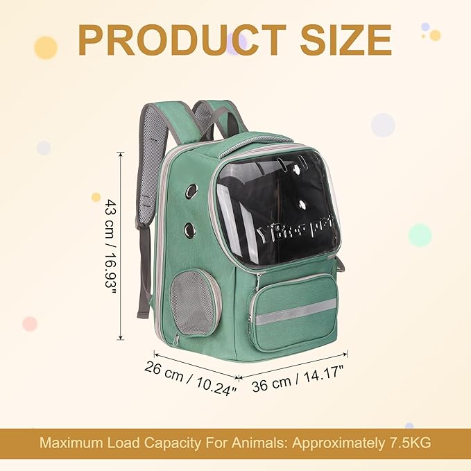 Pet Backpack Carrier, Portable and Ventilated, Oxford Cloth, Dog Cat Travel Bag with Transparent Cover 14.17", (Green, 1 Pcs), Intended for Hiking/Camping/Traveling
