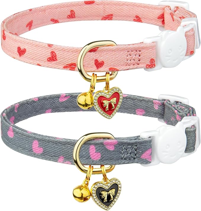 2 Pack Cotton Breakaway Cat Collar Pink and Gray Heart Shaped Pendant Cute Kitten Cat Collar with Bell