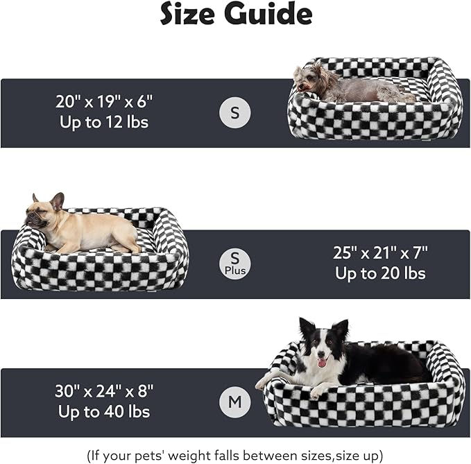 JOEJOY Small Dog Bed for Small Dogs, Removable Washable Cover Orthopedic Soft Faux Rabbit Fur Pet Bed, Anti-Slip Fluffy Plush Puppy Bed, 20"x19"x6", Checkered, Black