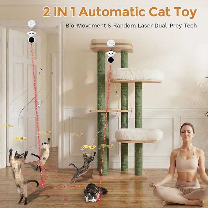 Interactive Cat Toys for Indoor Cats - 2 in 1 Automatic Laser Pointer Cat Toy with Feather Flying Bird，Smart Moving Mouse Wand Toy with 2 Modes, Auto On/Off Hanging Toys for Bored Kitten & Adult Cats
