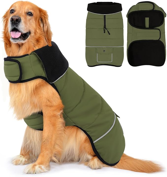 Dog Coat, Large Dog Jacket, Windproof Dogs Puffer Jacket, Fleece Lined Warm Dogs Winter Coat with Harness Hole (Army Green XL)
