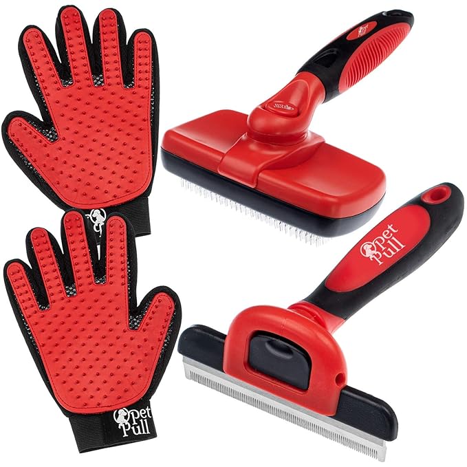 Complete Professional Pet Grooming Kit Self Cleaning Slicker Brush for Dogs & Cats - Pro Grooming Brushes Effectively Reduces Shedding Fur Hair Remover Brush Gloves - Combo Gift Set