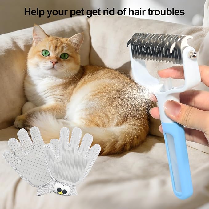 2-in-1 Spray Undercoat Brush & Fur Removal Gloves Combo Set - White - Dematting, Deshedding Grooming Tool with Water Spray Function for Dogs and Cats - Easy Fur Removal & Shed Control