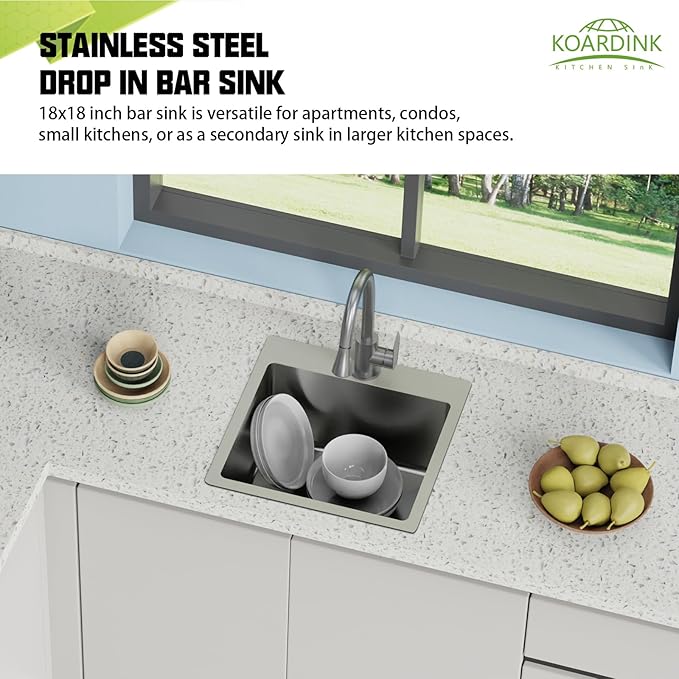 18x18 In Drop In Kitchen And Bar Sink- Stainless Steel Drop In Kitchen Sink Modern Single Bowl Topmount Bar Sink With Silicon Mat,Drain Strainer Set Compatibility With Various Kitchen & Bar Style