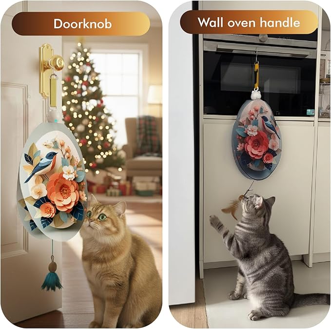 Interactive Cat Toys for Indoor Cats, Automatic Concealed Hide and Seek Hanging Feather Cat Toy, Rechargeable Motion-Activated Enrichment Toys for Bored Adult Cats (Bird & Flowers Pattern）