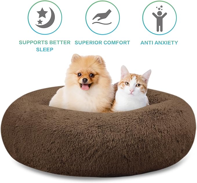 SAVFOX 20 inches Calming Donut Dog Bed - 3X Durable Plush Faux Fur, Machine Washable & Non-Slip, Fits up to 15 lbs, Brown