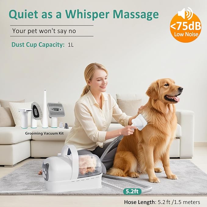 7-in-1 Ultra Quiet Dog Cat Grooming Vacuum Kit | 400W Powerful Suction, Hair Removal Tool for Shedding Pets | Professional Clippers & Deshedding Brush for All Furry Animals