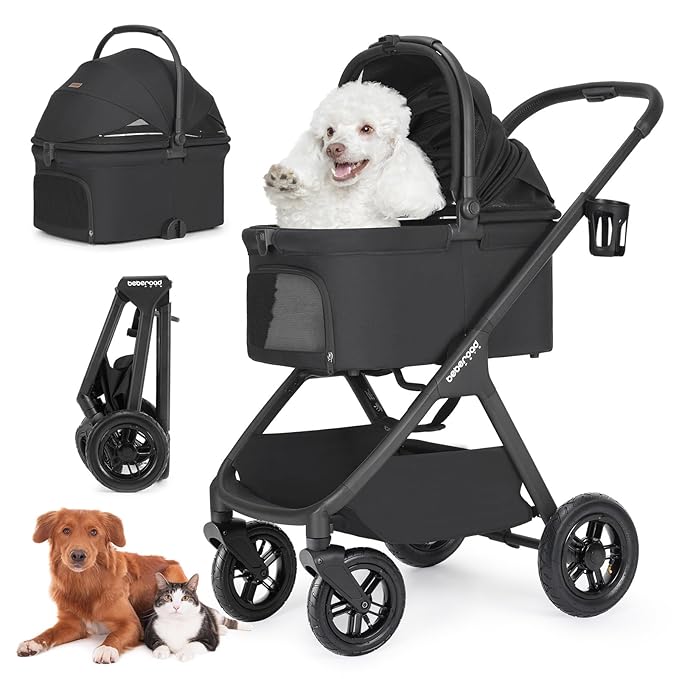 X-5 Luxury Pet Stroller for Medium Dog Under 55lbs or 2 Small Dogs & Cats, One-Touch Folding, Adjustable Handle and Detachable Carrier (Inflatable-Wheels Black)