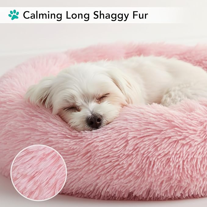 PetAmi Calming Dog Bed for Small & Medium Dogs and Cats, 23 Round Donut Dog Bed, Washable Fluffy Faux Fur Puppy & Cat Bed, Anti-Anxiety Plush Cuddler Pet Bed with Anti-Slip Bottom - Pink