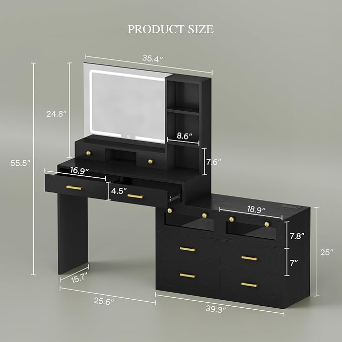 DWVO Large Vanity Desk with Mirror - RGB LED and Charging Station, Make up Vanity Mirror with 3 Lights Mode and Brightness Adjusted, Large Storage Space-10 Drawers, 3 Open Shelves, Black