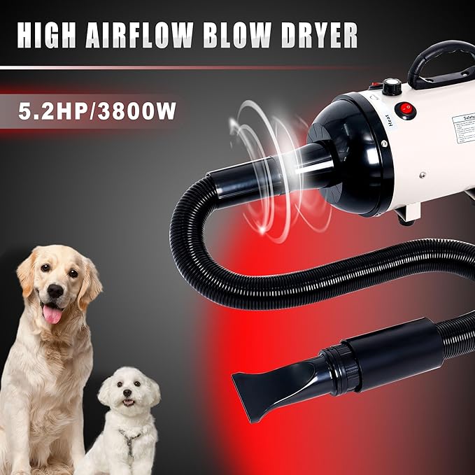 Dog Hair Dryer High Velocity Professional Dog Blow Dryer with Adjustable Speed Dog Pet Grooming Dryer Blower with 4 Nozzle 2 Blow Temperature（White