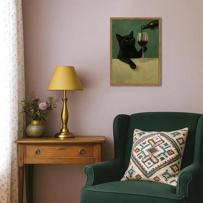 Funny Black Cat Wall Art Moody Black Cat with Wine Glass Wall Decor Whimsical Animal Bar Cart Poster Canvas Prints for Living Room Bedroom 16x24 inch Wood Framed