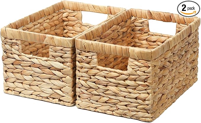 Wicker Storage Basket,Storage Basket with Built-in Handles, Water Hyacinth Storage Baskets for Organizing, Large Wicker Baskets for Storage, Woven Basket for Bedroom, Living Room(2Pack)