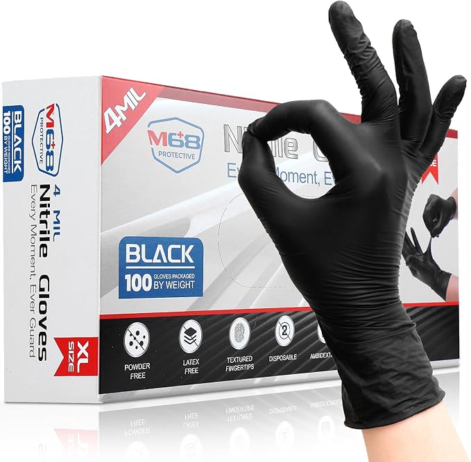 M68 Black Nitrile Gloves - 4 MIL Thick, Latex & Powder Free, Textured Fingertips, Chemical-Resistant, Disposable, Non-Sterile