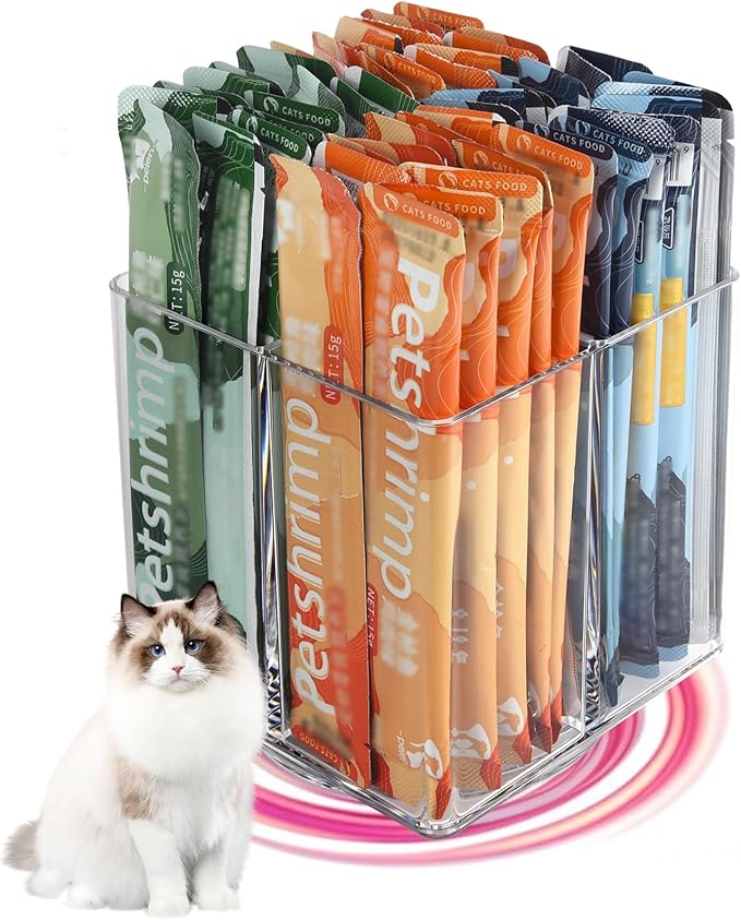 Lickable Cat Treats Organizer, Lazy susan Acrylic Squeeze Up Cat Food Storage Container, Essential storage for pet treats, Wet Cat Treats Storage for Kitchen Cabinet Pantry Shelf Countertop（Square）