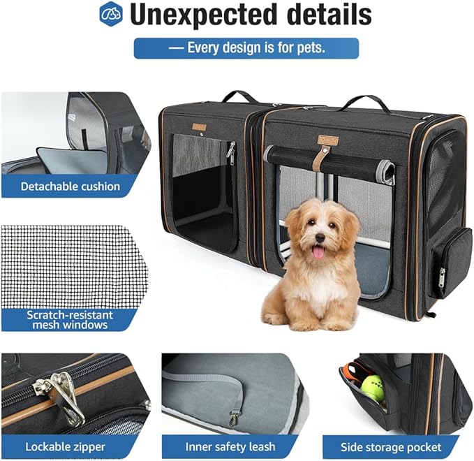Lekereise 2-in-1 Cat Travel Carrier with Litter Box, (20.85" x2) x19.7"x19.7" Large Cat Carrier with Zipper Locks for Moving Across The Country (No Hammock) - Black