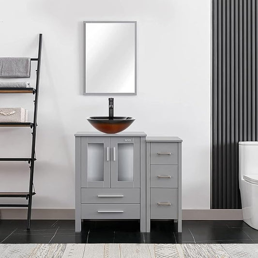 eclife 36" Modern Bathroom Vanity Sink Combo Freestanding Cabinet with Small Side Cabinet, Brown Square Glass Vessel Sink, Water Save Faucet, Drain (Gray+A48)