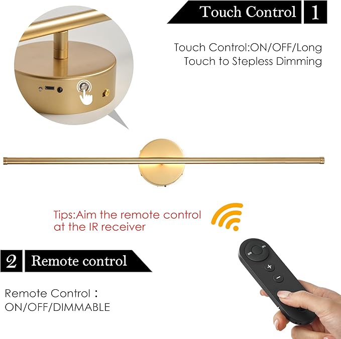 Battery Operated Wall Sconces with Remote Control, Dimmable Wall Sconces Set of Two, 350°Rotate, 3000K LED Gold Wireless Wall Light for Living Room, Bedroom, Hallway, 40.1 Inch (2 Pack)
