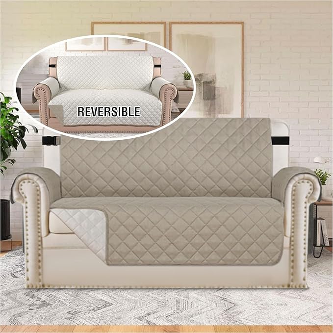 H.VERSAILTEX Sofa Protector for Dogs/Cats/Pets Sofa Covers Slipcover Quilted Couch Coveres Loveseat Covers with Non Slip Elastic Strap Water Resistant Seat Width: 46" (Loveseat, Khaki/Beige)