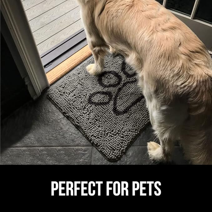 GORILLA GRIP SoakSTOPPER Dog Door Mat, Machine Washable Rug Absorbent Doormat Captures Moisture Mud Dirt, Quick Dry Soft Chenille Entryway Rugs Indoor Entrance Mats for Dog Paws, 24x17 Paw Grey