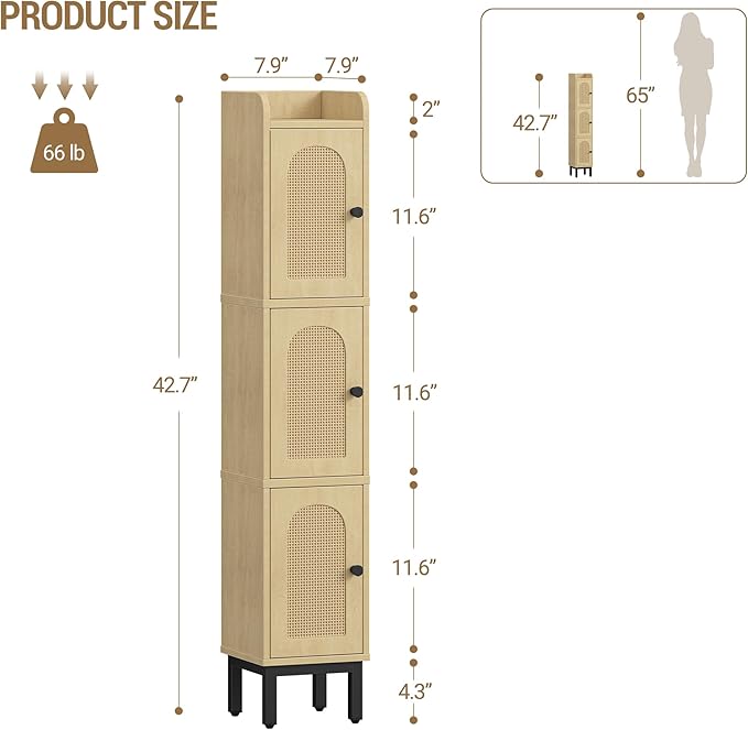 Slim Bathroom Storage Cabinet, Narrow Bathroom Organizers and Storage with 4 Adjustable Feet, Laundry Room Organization for Small Space, Kitchen, Living Room, 3 Doors Rattan Yellow BC22302Y