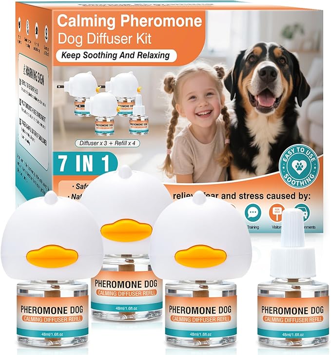 Dog Calming Pheromones Diffuser to Calm Pet Reduce Aggression Fighting Barking Stress 7 in 1 Advanced Kit Appeasing Pheromone Diffuser 3 Plug in+4 Pack 48ml Refill