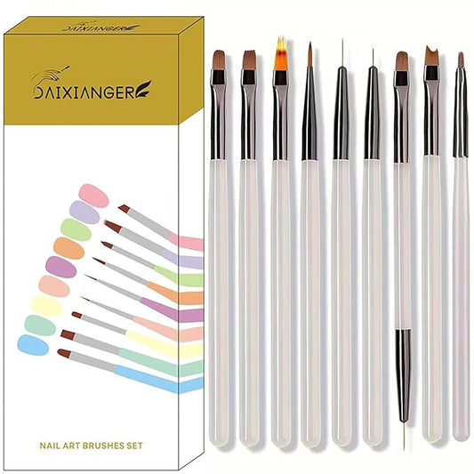 9Pcs Multi-Functional Nail Art Brush Set, Professional Brushes for Gel Polish, French Tip, Ombre, Liner & Clean Up, Manicure Tools for DIY & Salon Nail Design Tools-Grey