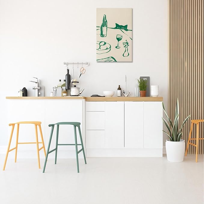 Sneaky Cat Wine Wall Art Funny Kitchen Animal Poster Whimsical Pet Wall Decor Abstract Scandi Dinner Sketch Prints Painting For Living Room Dining Room Wall Decor 8x12in Wrapped Canvas