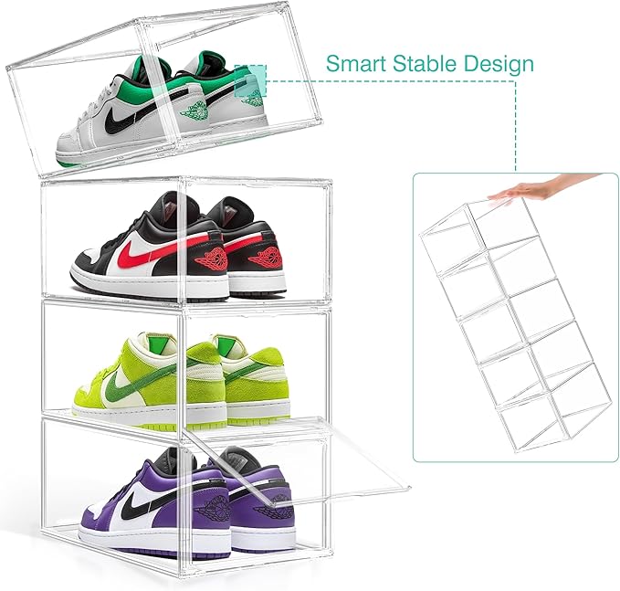 1 Pack Drop-Front Clear Shoe Storage Box Acrylic Box Shoe Organizer Size 13, Stackable Shoe Tower with Magnetic Door Large Storage Bins for Sneaker Containers Display & Closet Organization